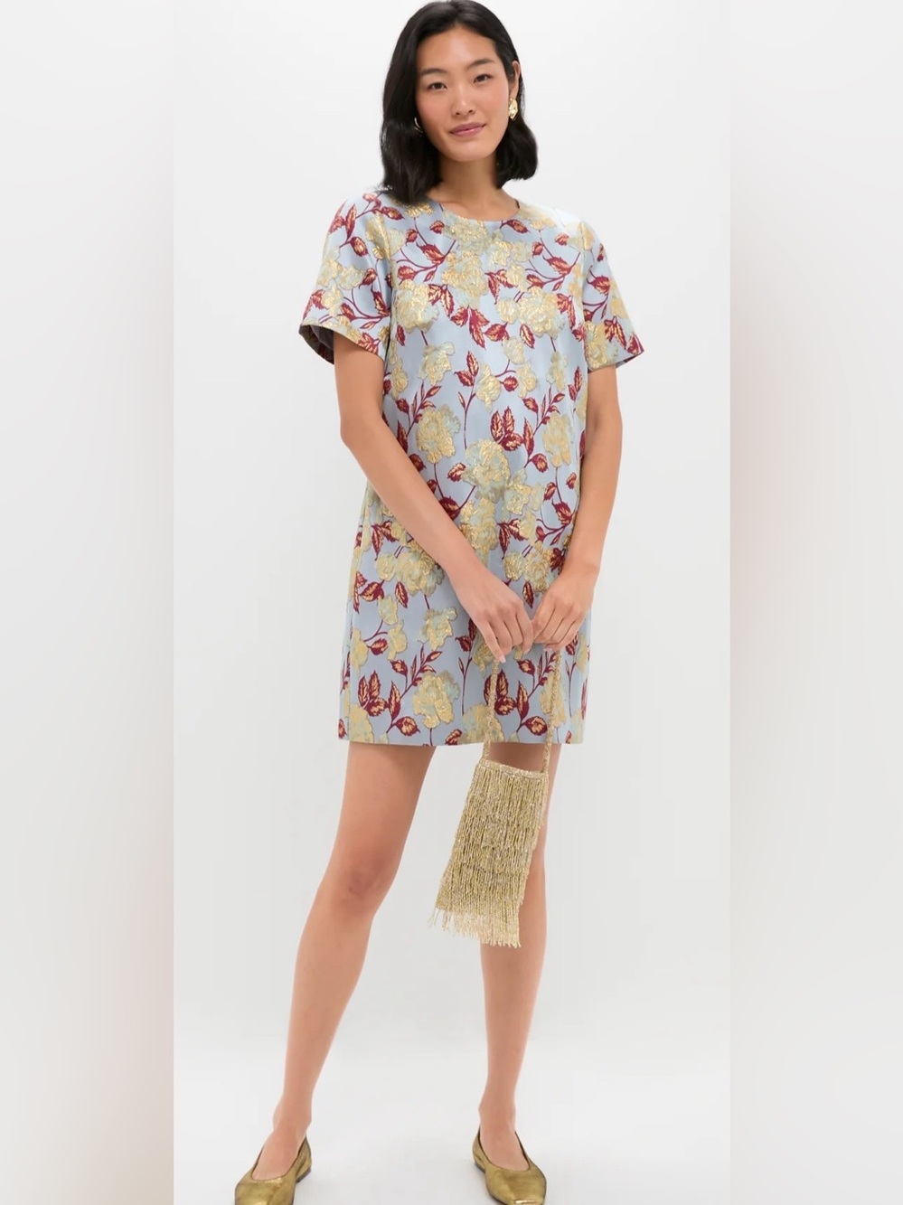 Pomander Place Slate Blue Floral Mae Dress | Metallic Brocade Mini | Size L NWOT